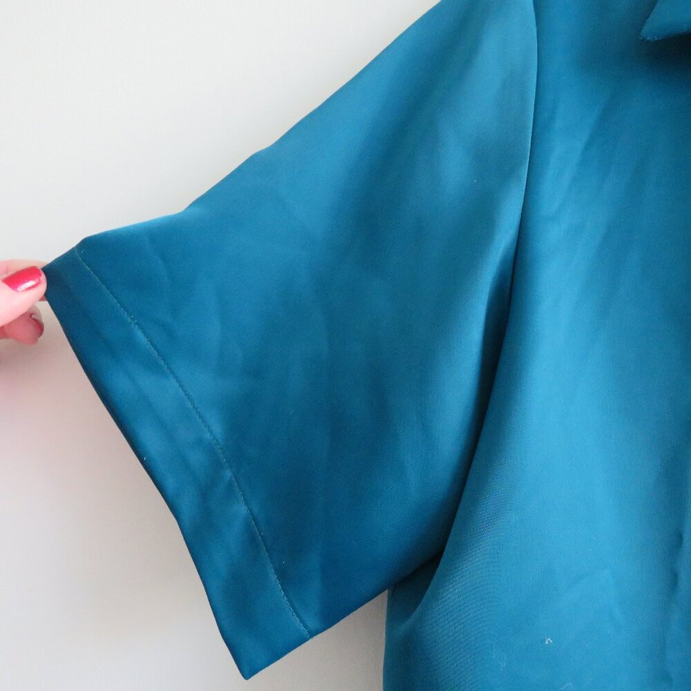 ZENA PRESLEY Teal Satin Drapey Button Front Shirt Top Mob Wives - Women's Sz M - Picture 3 of 10